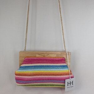 NWT Haute Hippie Style Rainbow Woven Wood Frame Crossbody Clutch